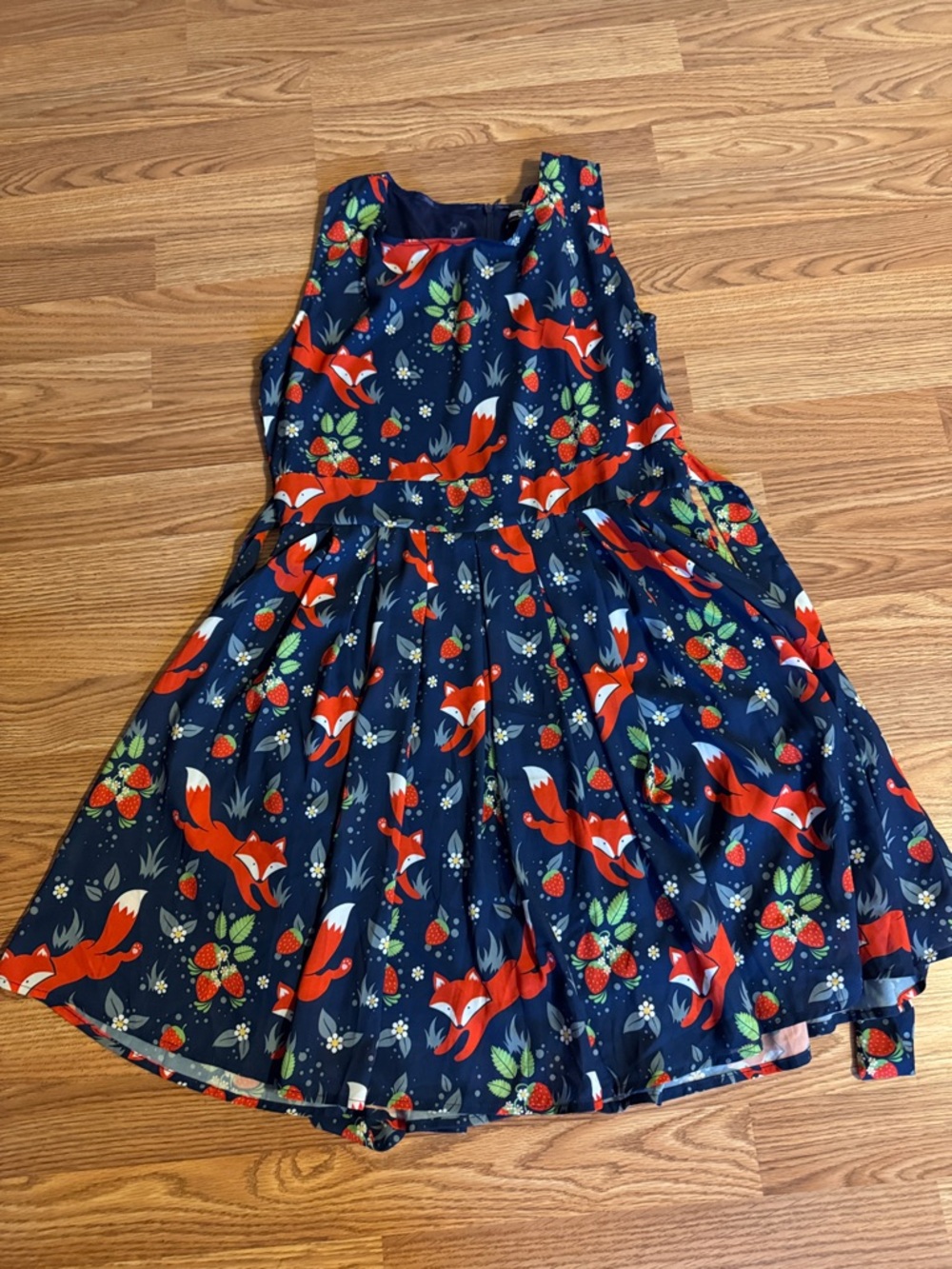 Modcloth Navy Mini Dress with Red Fox and Green Strawberry Motif